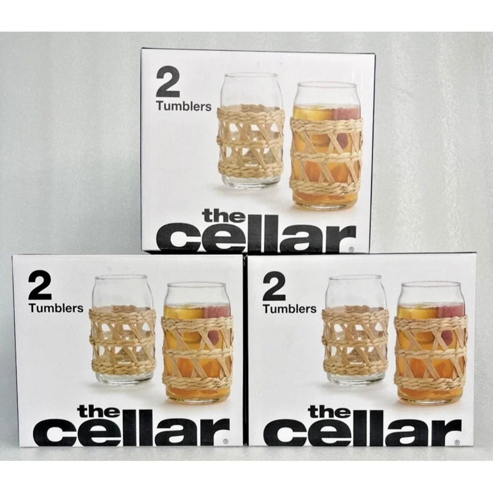 Set of 6 The Cellar Rattan & Glass Tumblers 16.2 oz Each w/ Removable Rattan NEW